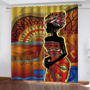Window Curtains 3D African Dark Skin Woman Printed Curtains For Boys Bedroom Living Room, Room Fashion 2 Pieces W70xH160cmx2&Grommet Top