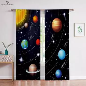 Window Curtains Animation Cartoon Universe Star Pattern Custom Curtains Bedroom Living Room Kitchen Decorative Curtains 2 Pieces 100W130H(CM)&Grommet Top