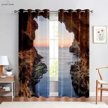Window Curtains Seaside Landscape Print Pattern Rod Pocket Bedroom Living Room Kitchen Curtains Home Decoration 2 Pieces W50xH140(CM)x2PCS&Rod pocket