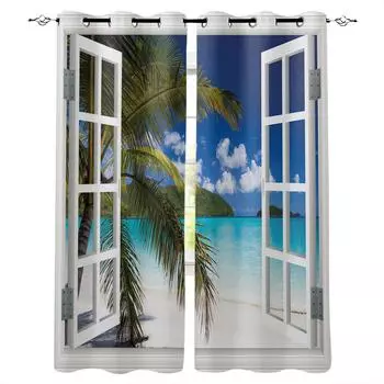 Window Sea View Coconut Tree Beach Blackout Curtains For Living Room Window Curtains For Bedroom Kitchen Curtains Drapes Blinds W135 x H60cm