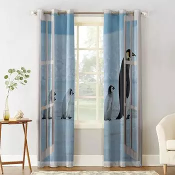 Window View Antarctic Penguin Luxury Home Curtains Modern Home Supplies Living Room Bedroom Custom Curtains 135W x 60H(cm)