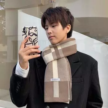 Windproof Men Plaid Wool Scarf Classic Checkered Scarf Simple Winter Cashmere Scarf Males хаки