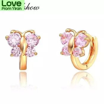 Windshow Милые розовые серьги-бабочки с фианитами, маленькие серьги-кольца Huggie Hoop для женщин, девочек, детей, малышей, желтого золота, украшения в виде животных розовый