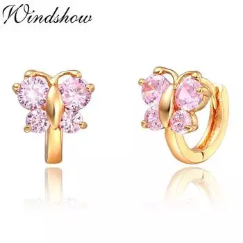 Windshow милые розовые серьги-кольца с фианитом и бабочкой, маленькие серьги-кольца для женщин, девочек, детей, детские украшения в форме животных желтого золота синий