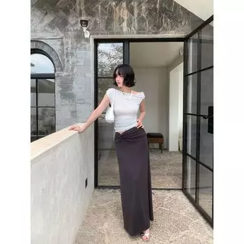 Wine Afternoon Homemade [Three Search] French Retro Tencel Stylish Niche Style Ruched Kinked High Waist Long Skirt Grey 160/64Y(S)
