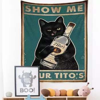 Бутылка вина Кот Таро Гобелен Настенный Гобелен Кавайи Психоделический Колдовство Богемный Гостиная Общежитие Домашний Декор 95x70CM