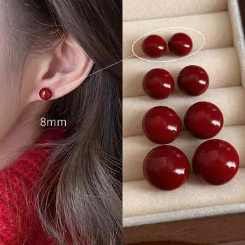 Wine Red for Women Retro Hong Kong Style Ornament Pearl Stud Earrings 8mm steamed bread pearl earrings