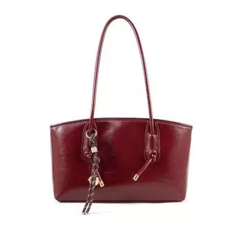 Wine Red Oil Wax Leather Handbag Detachable Knot Ornaments Light Luxury Ring Buckle Hand Bag Women Commuter Banquet Bag Wedding Bag Red