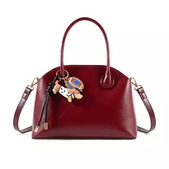 Wine Red Oil Wax Leather Shell Bag | French style Polka Dot Dog Pendant Crossbody Bag | Handbag Women | Retro Commuter Bag Red