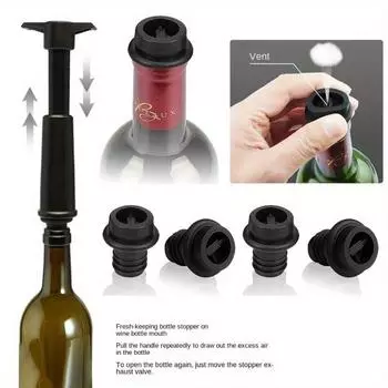 Вакуумный насос Wine Saver с 4 пробками, материал ПВХ, многоразовый вакуумный уплотнитель для сохранения свежести бутылок для ресторанных принадлежностей 5pcs чёрный