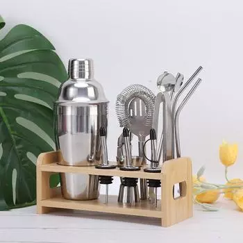 Wine Set Shaker Set 9-Piece Set 304 Stainless Steel Snow Cup Wooden Frame Base Bar Cocktail Shaker