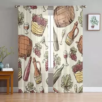 Wine Vintage Sheer Curtains for Living Room Transparent Tulle Window Treatments Bedroom Kitchen Home Decor Veil Drapes 135W x 114H(cm)