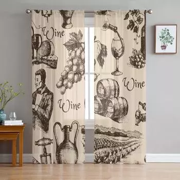 Wine Vintage Sheer Curtains for Living Room Transparent Tulle Window Treatments Bedroom Kitchen Home Decor Veil Drapes 135W x 114H(cm)