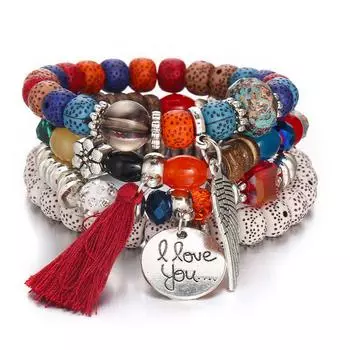 Wing Tassel Letters Multilayer Bracelets Men Women Imitation Natural Stone Charms Bangles Jewelry ARI 1