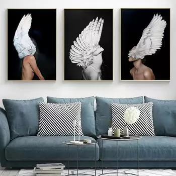 Плакат с изображением девушки с крылатой головой, скандинавское черно-белое настенное искусство, печать на холсте, абстрактная картина женщины для гостиной, домашнего декора 21x30cm No Framed