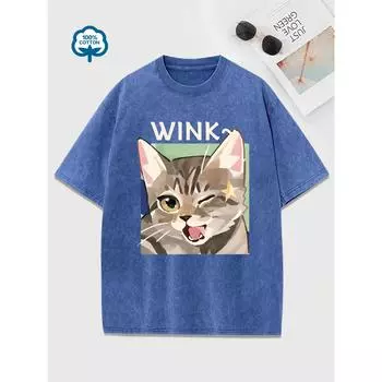 Wink Милый мультяшный принт кота Женская стираная футболка Повседневные хлопковые футболки Удобная футболка Летний короткий рукав S