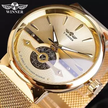 WINNER Gold Mesh Belt Automatic Mens Mechanical Watch Casual Fashion Top Watch Waterproof Watch