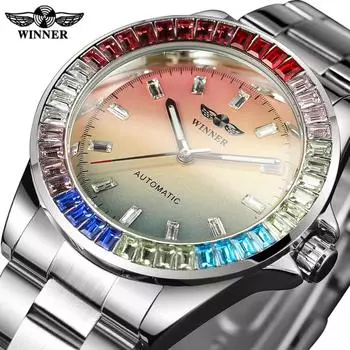 WINNER Мужские механические часы с автоматическим ручным заводом, наручные часы, модный цветной циферблат с бриллиантами, нержавеющая сталь, водонепроницаемые, светящиеся часы с дизайном синий