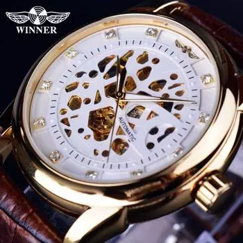 Мужские роскошные механические часы на кожаном браслете Winner белый