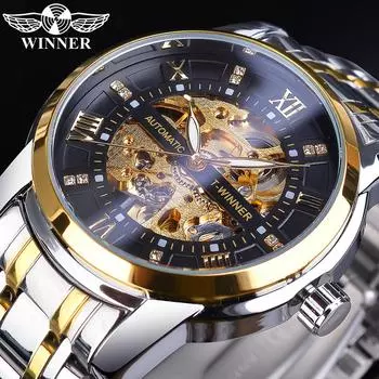 Часы Winner Diamond Dial Skeleton из нержавеющей стали, водонепроницаемые, с подсветкой, с номером стрелки, мужские, автоматические, механические SLZg108 синий