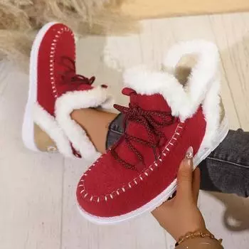 Winter 2024 new European and American foreign trade large size short boots women s flat-bottomed front lace-up velvet suede snow boots 36 чёрный