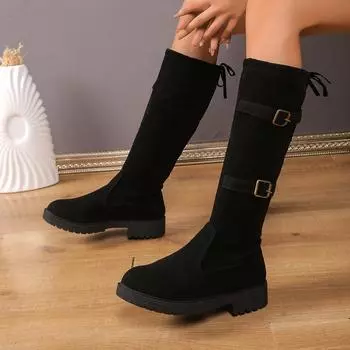 Winter 2024 new medium tube fashion boots large size thick heel rear lace-up knight boots 36 чёрный