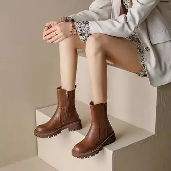Winter 2024 Women s Half High Boots Flat Ladies Mid Calf Shoes Leather Chic and Elegant On Offer Large Size Warm Spring Autumn 35