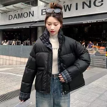 Winter 2025 new stand-up collar plaid contrasting fashion cotton jacket warm short cotton jacket women s thickened jacket M