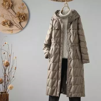 Winter 2025 New White Duck Down Hooded Down Jacket Women s Clothing Medium and Long Over the Knee Loose Warm and Thin Coat S