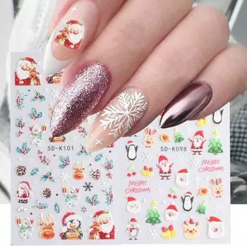 Winter 5D Embossed Nail Art Sticker Snowflake Elk Christmas Tree Cartoon Adhesive Slider Accessories Decal F