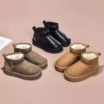 Зимние детские сапоги из кожи, теплые, плюшевые, для маленьких мальчиков, нескользящие, модные, для девочек 26