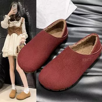 Winter Baotou ladies fashion round head deep mouth suede and velvet warm comfortable non-slip flat woman shoes zapatos de mujer 35 света загар