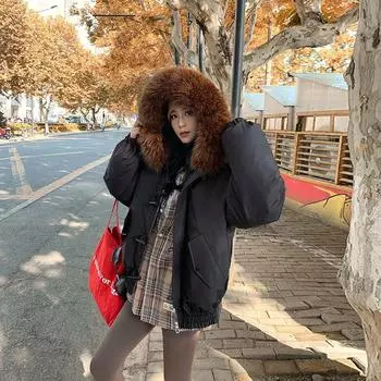 Winter big fur collar hooded down cotton-padded jacket women s design sense thickened simple cotton-padded jacket S чёрный