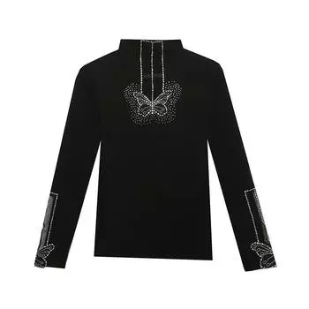 Winter Black Velvet Warm T-shirt Base Shirt for Women with Hot Diamonds and Slim Long-sleeved Top for Women M