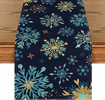 Winter Blue Snowflake Hexagon Christmas Linen Table Runner Party Decor Xmas Navy Blue Kitchen Table Runners Christmas Decoration 150x33cm 59x13inch