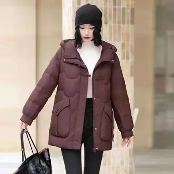 Winter buckle medium and long down jacket women s 2024 ethnic thickened hooded retro slim casual top jacket M темно-коричневого