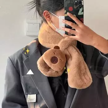 Winter Cartoon Cross Neck Scarf Thicken Cute Plush Neckerchief Cute Capybara Fluffy Scarf Autumn кофейный