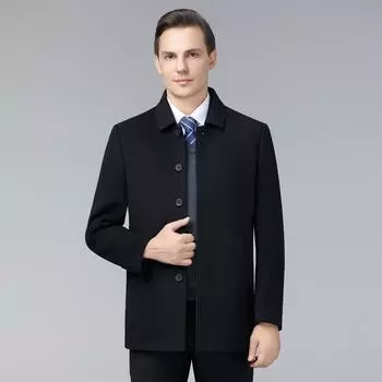 Зимнее кашемировое пальто мужская шерстяная куртка-ветровка средней длины для пап среднего и пожилого возраста 170