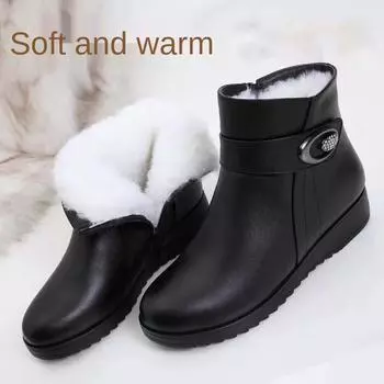 Зимняя повседневная обувь из хлопка 2024 года, женские зимние ботинки, ботильоны на плоской подошве, женские теплые туфли на платформе, кожаные толстые меховые ботинки Zapatos 35 чёрный