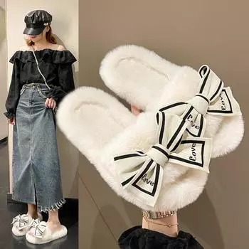 Зимние повседневные пушистые тапочки женские домашние туфли на плоской подошве модные дизайнерские туфли с бантом белые женские домашние плюшевые туфли на платформе элегантная обувь 35 чёрный