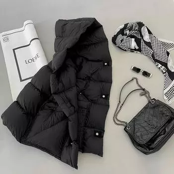 Зимний повседневный ленивый пуховый жилет с капюшоном жилет куртка корейская версия свободный теплый пуховый жилет куртка S чёрный