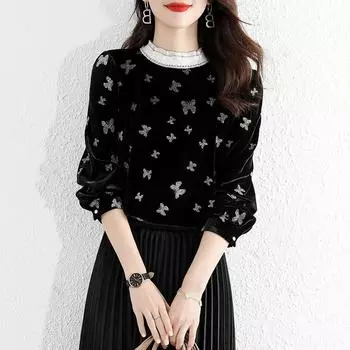 Winter Casual Versatile Design Butterfly Printed Gold Velvet Half Turtleneck T-shirt S чёрный