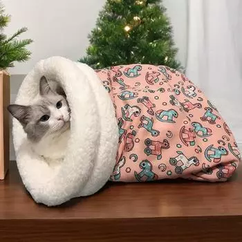 Winter Cat Sleeping Bag 360° Warm Semienclosed Soft Plush Large Cat Sack Cat Bed For Winter Autumn синий