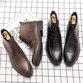 Зимние мужские повседневные кожаные ботинки «Челси» на шнуровке с острым носком на низком каблуке в британском деловом стиле для офиса, формальные мужские туфли 37