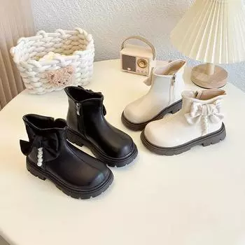 Winter Chic Children s Fashion Boots Black Beige Versatile Girls Cotton Boots Elegant Bowknot Causal Kids Ankle Boots Round-toe 26 чёрный