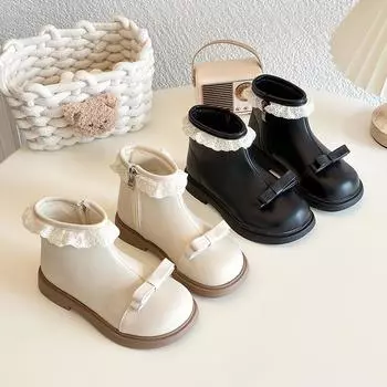 Winter Children Fashion Girls Ankle Boots Elegant Versatile Kids Causal Cotton Boots Bowknot Trend Princess Ruffled Edge Boots 23 чёрный