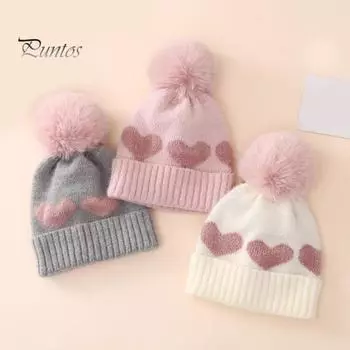 Зимняя детская шапка с принтом сердца в тон, плюшевый декор в виде мяча, мягкая толстая вязаная эластичная противоскользящая защита ушей, теплая ветрозащитная шапка унисекс розовый