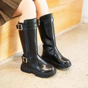 Winter Children s Boots Black School Girls Long High Boots Fashion Causal Warm Kids Cotton Boots Thick Bottom Mid-Calf Versatile 26 чёрный
