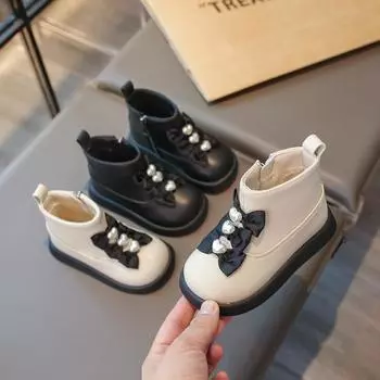 Зимние детские сапоги для девочек, милые шикарные сапоги принцессы с бантом, хлопковые сапоги, элегантные детские повседневные модные сапоги из кожи, универсальные 21 чёрный