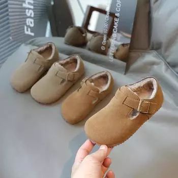 Winter Children s Shoes Round-toe Warm Kids Fashion Plush Flat Shoes Versatile Causal Girls Outdoor Cotton Shoes Simple Trend 21 хаки